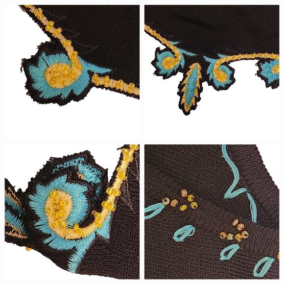 Prima Bella Embroidered Beaded V-neck Black Sweater, three-quarter sleeve sz M - Picture 9 of 13